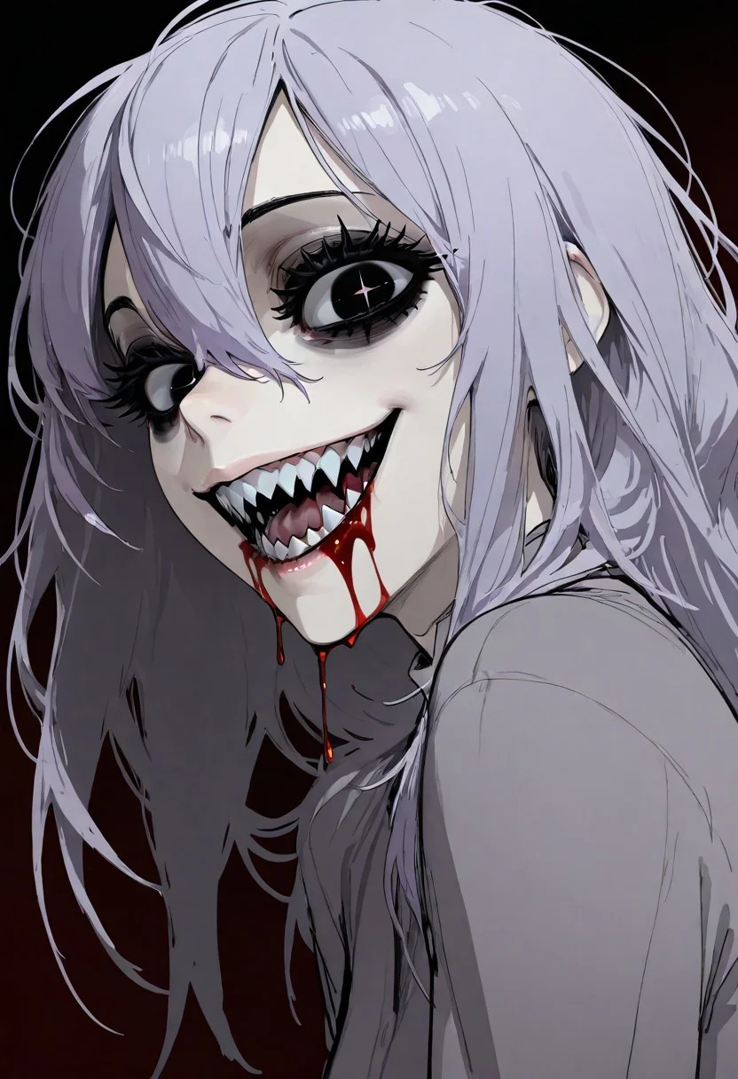 black eyes, bags under eyes,
big eyes, (black eyeshadow:0.8), thick eyelashes,
from side, simple background, dark night background,
looking at viewer, looking down, (wild, crazy smile:1.2), solo, 1girl, half body, perspective, (sharp teeth:1.2), dark red liquid on mouth, dark red liquid on face, half-closed eyes, + +, dark red eyeliner, pale purple hair,
masterpiece, best quality, amazing quality,
dark messy sketch, messy lineart, unfinished,
(horror \(theme\),:1.2)