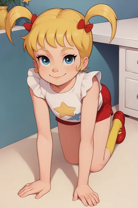 score_9, score_8_up, score_7_up, score_6_up, BREAK, ApoMMXL, blue eyes, blonde hair, short hair, bangs, twintails, red hair bow, freckles, flat chest, white dress, star print, short sleeves, red shorts, yellow socks, red shoes, solo, full body, all fours, seductive smile, looking at viewer, indoors <lora:ApoMMXL:1>