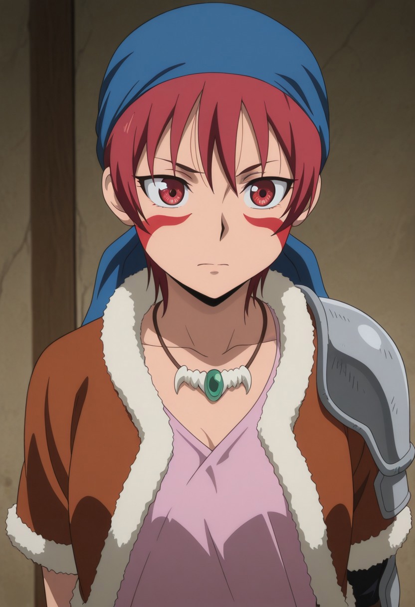 masterpiece,best quality,amazing quality, source_anime, 
alfarid, 1girl, solo, facepaint, red eyes, red hair, blue bandana, necklace, pink shirt, brown jacket, fur trim, shoulder armor,