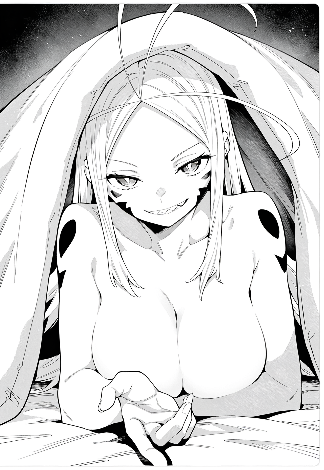masterpiece, best quality, amazing quality, 1girl, solo, detailed beautiful eyes, white pupils, slit pupils, aoba wakara, long white hair, center part, antenna hair, sharp eyes, sharp teeth, black markings on face, large breasts, wide hips, naked body concealed under bed covers, one hand beckoning, seductive smile, manga, monochrome





















