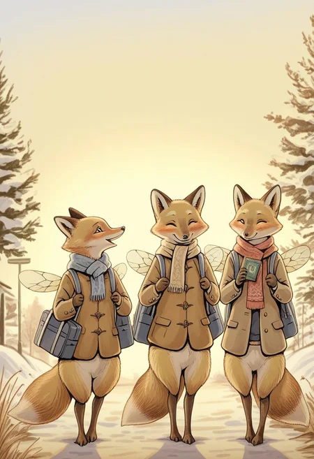 Bpstyle, 3fox, three anthropomorphic fox going to school, bee wings, jacket, holding backpack, scarf, happy