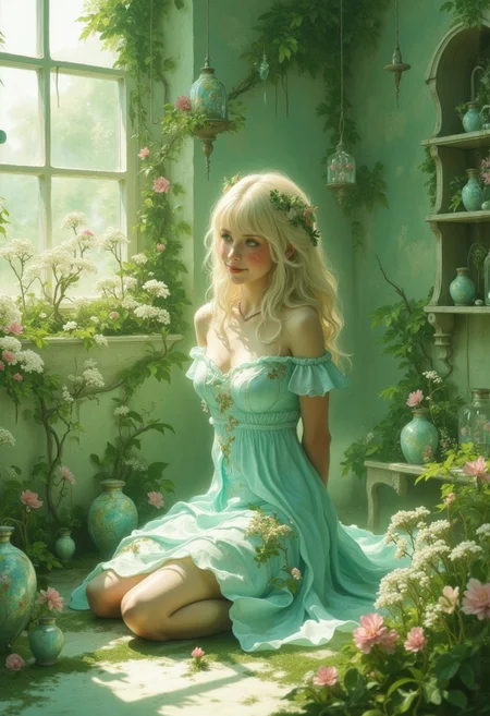 In a whimsical green room filled with soft textures and dreamy accents, a beautiful young woman kneels thoughtfully, exuding a blend of elegance and excitement as she softly looks and smiles at the viewer with her hands behind her back. Her pale blonde hair, styled in soft bangs, frames her delicate face, as if lost in a cherished memory. She wears a baby blue sundress adorned with subtle floral designs and ruffled sleeves adding a playful touch to her allure. Around her, spherical plant ornaments of varying sizes shimmer with a glossy finish, while delicate glass jars filled with colorful flowers and pastel leaves sit on the shelves, adding a outdoorsy and inviting charm to the room.
The light green walls shimmer with a subtle floral texture, casting soft, diffused reflections that give the space a magical glow. In one corner, a small tray of baby's breath swirls softly in a gentle breeze from a partially opened window, through which warm sunlight streams, highlighting the soft blush on her cheeks. The interplay of light and texture enhances the emotional depth of the scene, creating an atmosphere of nostalgia and warmth. This is a sanctuary of beauty, greenery, and quiet introspection, where the viewer feels both enchanted and emotionally connected to the tender moment captured within.