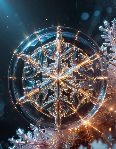 (high quality), (masterpiece), (detailed),8K, An award-winning glowing snowflake, encased in a perfectly transparent glass bubble, floats delicately within a surreal winter setting. Its intricate, symmetrical crystalline patterns radiate a mesmerizing, golden luminosity, blending warm hues of amber, peach, and soft rose that glow softly through the glass. The bubble is adorned with delicate frost patterns along its edges, reflecting and refracting the snowflake’s warm light, casting a magical aura on its surroundings. Encased within, the snowflake sparkles with fine detail, as if suspended in time, evoking feelings of joy, serenity, and wonder, captivating all who witness this breathtaking masterpiece, glowneon, geometric, GlowingInk