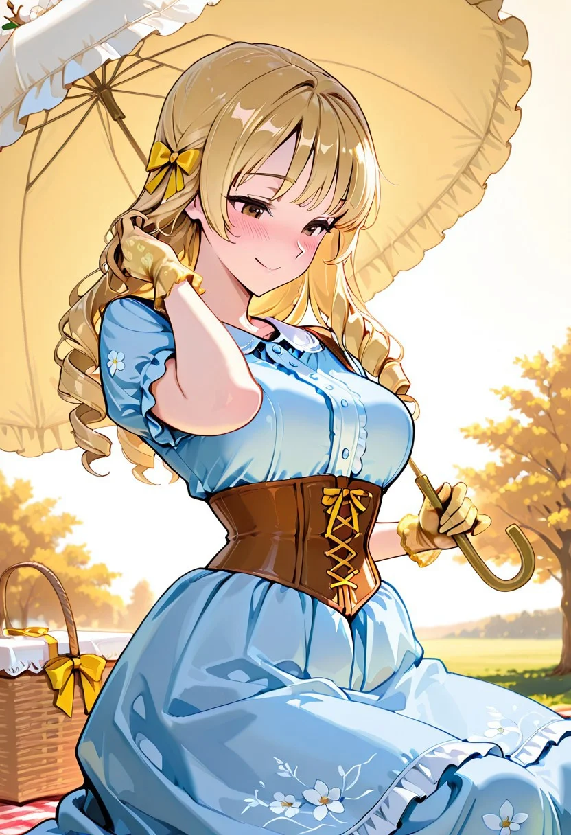 masterpiece, best quality, amazing quality, girl, blonde hair, perfect brown eyes, portrait shot, long hair, ringlets hair, bangs, medium breasts, perfect eyes, 8k, highest quality, ultra details,1girl, solo, 
Southern Belle, blue floral print hoop skirt dress, cinched waist, short sleeves, yellow bow, yellow ribbons, corset, medium breasts, yellow silk gloves, holding a red silk parasol, blush, happy, shy smile, looking down, hand in hair, sitting on a picnic blanket, under a magnolia tree, picnic basket, antebellum era, warm colors, soft lighting, magnolia trees, spring season, breezy weather, from the front