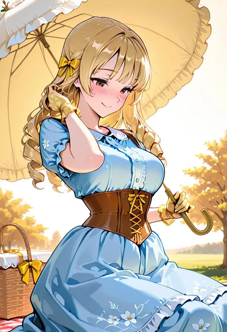 masterpiece, best quality, amazing quality, girl, blonde hair, perfect brown eyes, portrait shot, long hair, ringlets hair, bangs, medium breasts, perfect eyes, 8k, highest quality, ultra details,1girl, solo,
Southern Belle, blue floral print hoop skirt dress, cinched waist, short sleeves, yellow bow, yellow ribbons, corset, medium breasts, yellow silk gloves, holding a red silk parasol, blush, happy, shy smile, looking down, hand in hair, sitting on a picnic blanket, under a magnolia tree, picnic basket, antebellum era, warm colors, soft lighting, magnolia trees, spring season, breezy weather, from the front