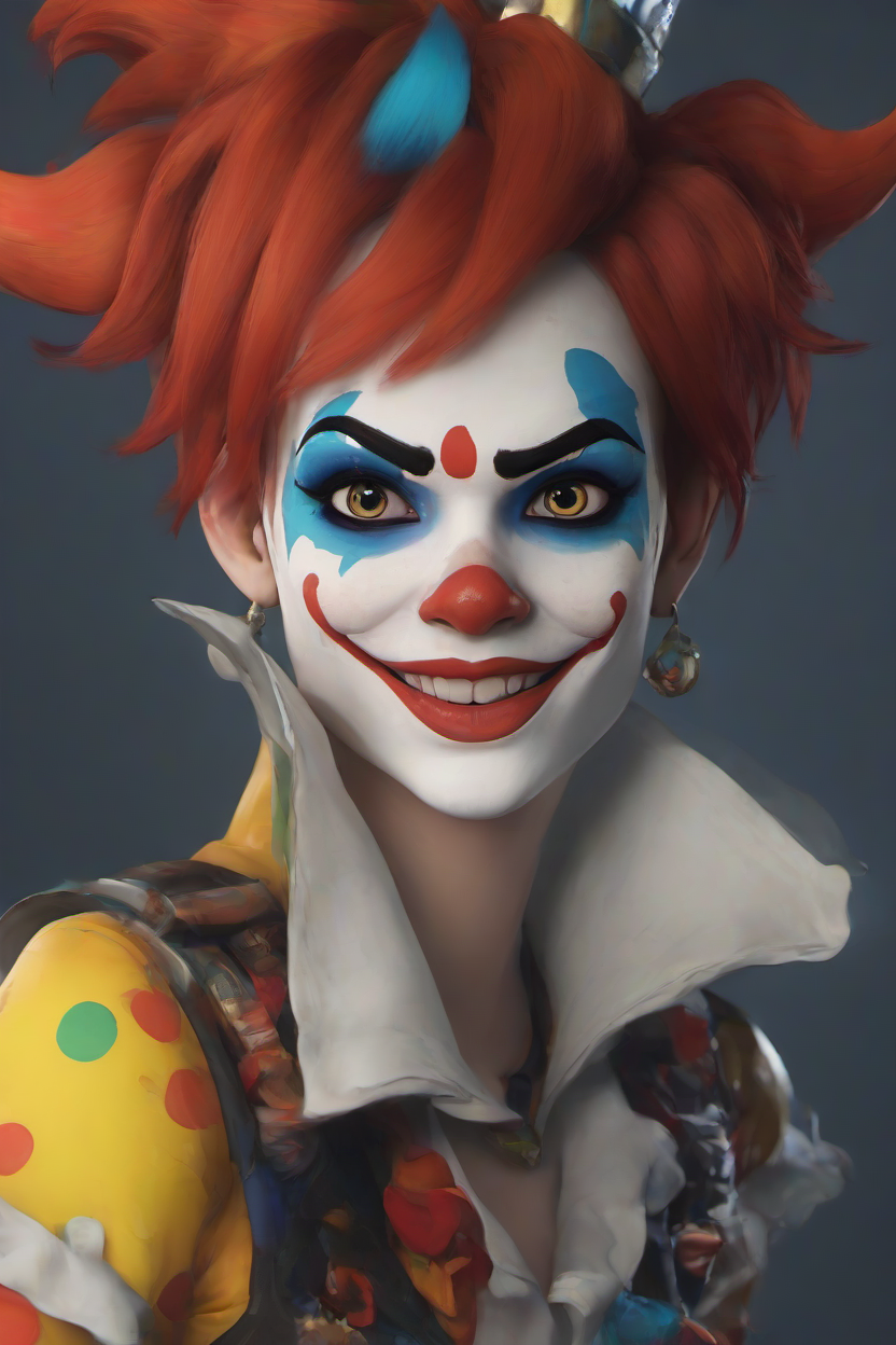 PETracerOW,<lora:PE_TracerOverWatch:1>,
portrait of tracer,freckles,
evil smile,
wearing clown outfit,clown makeup