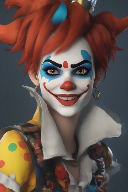 PETracerOW,<lora:PE_TracerOverWatch:1>,
portrait of tracer,freckles,
evil smile,
wearing clown outfit,clown makeup