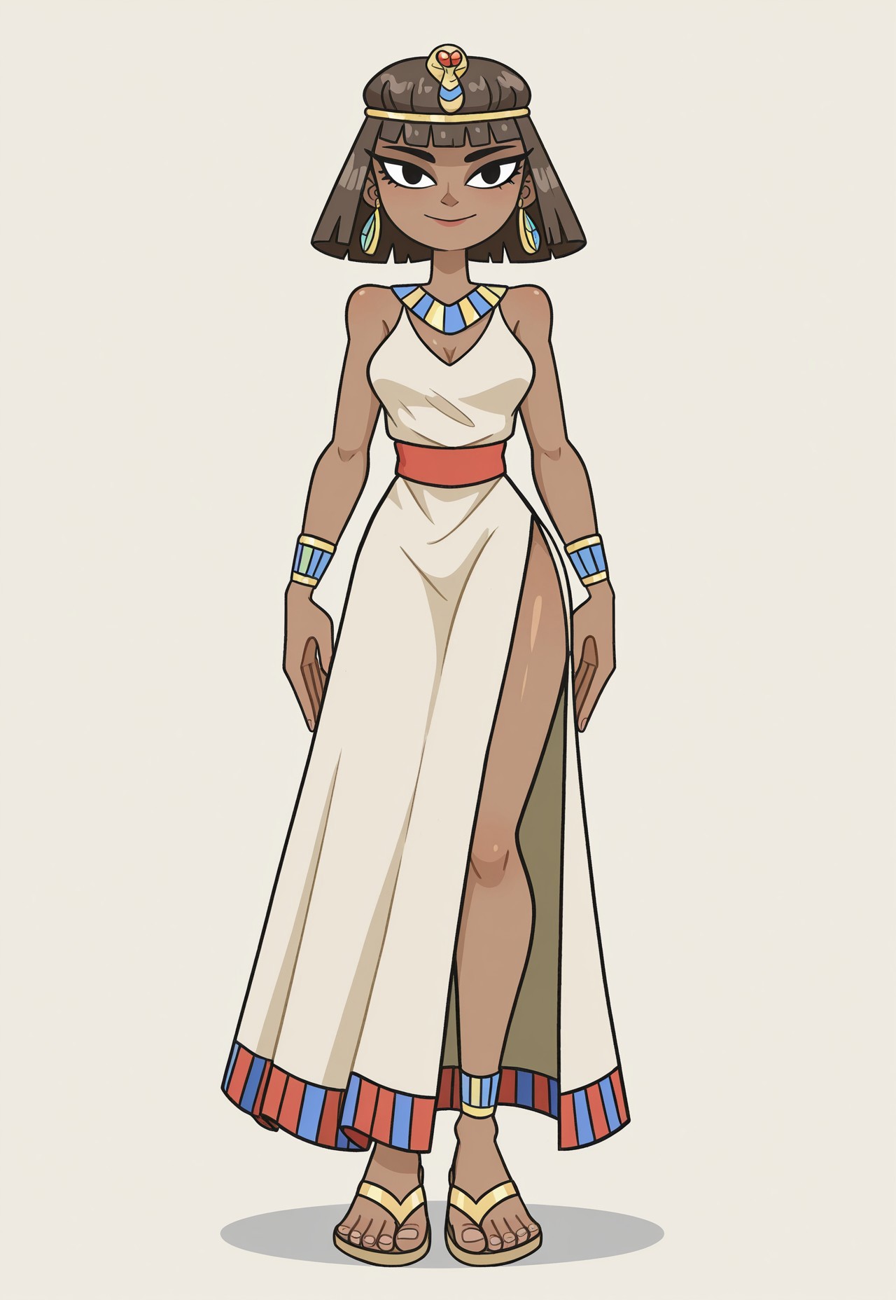 Brown skin, egypt long dress, sandals, posing, drees, cartoonish style