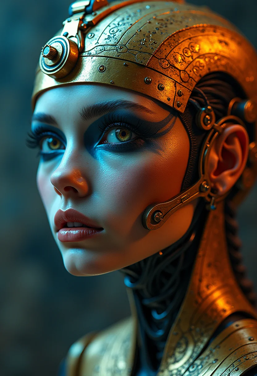Detailed, masterpiece, professional, bold colors, awe inspiring, photography inspired by Jeremy Mann, 30mm shot, HDR, Egyptian cyborg, humanoid, ancient Egyptian mixed with steampunk theme, mesmerizing eyes, feminine, soft, cosmic being, galaxy eyes, unusual pupils, full body, surreal insubstantial body, gold lipstick, sitting on stone throne, double exposure electronics