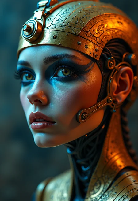 Detailed, masterpiece, professional, bold colors, awe inspiring, photography inspired by Jeremy Mann, 30mm shot, HDR, Egyptian cyborg, humanoid, ancient Egyptian mixed with steampunk theme, mesmerizing eyes, feminine, soft, cosmic being, galaxy eyes, unusual pupils, full body, surreal insubstantial body, gold lipstick, sitting on stone throne, double exposure electronics