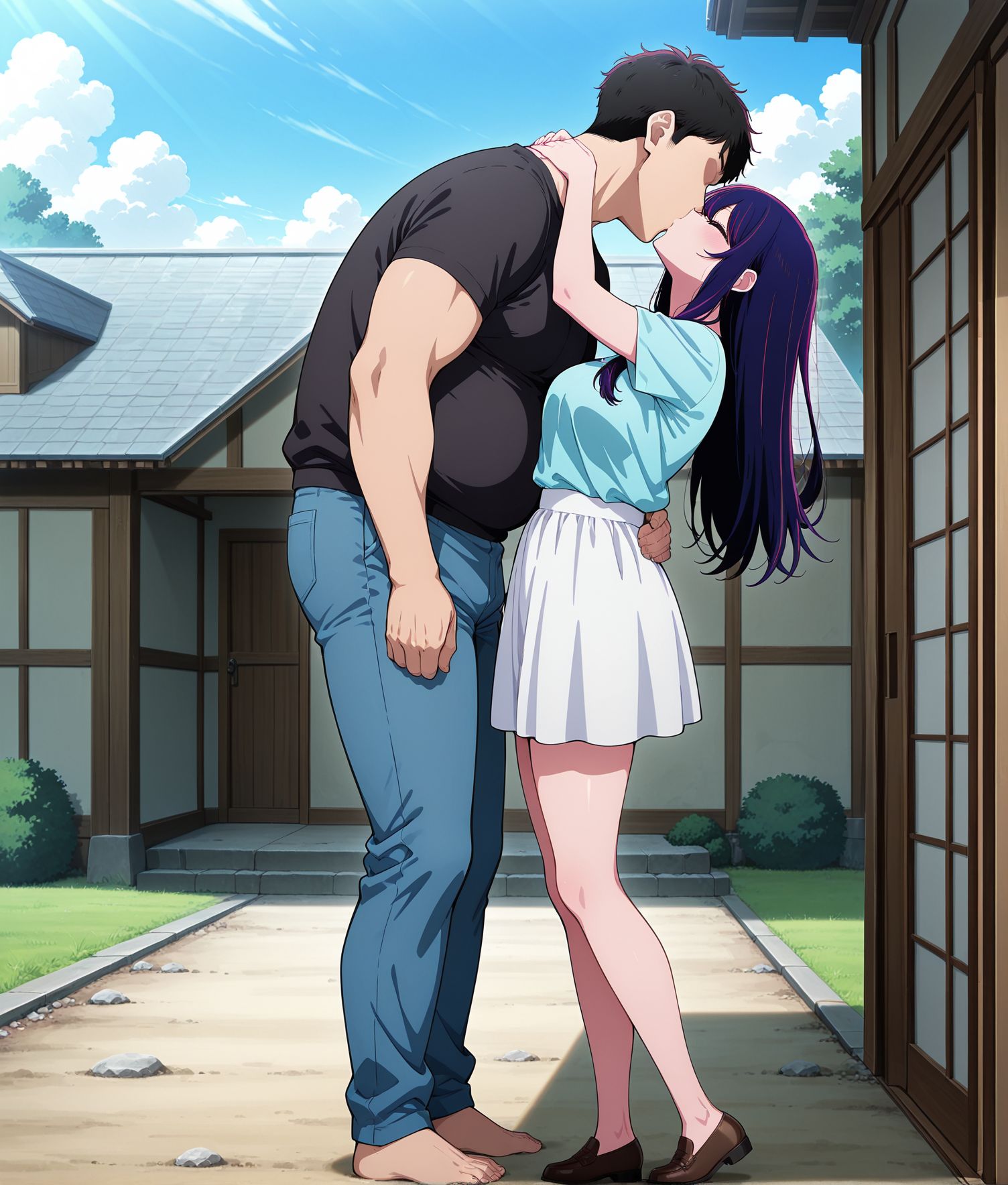 masterpiece,best quality,anime coloring,anime screenshot,
<lora:add-detail-xl:0.5>
<lora:petite_woman:0.6>,petite_womanV1,petite, 
1girl,1boy,hetero,kiss,closed eyes,
huge guy,(size difference:1.4) ,cuddling, 
petite woman, height difference, full body, 
outdoors, 
mature male, house,
official art,  oshi no ko,  hoshino ai, 
20YO,adult couple,milf, faceless male, fat man,