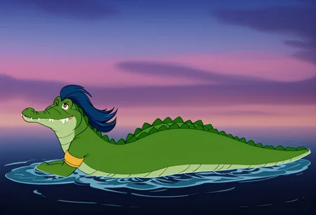 Tick Tock crocodile,fat,giant,male animal, crocodile open large mouth ,green skin, blue eyes, Tick Tock the crocodile is giant and very huge size,teeth,look viewer,Tick Tock the crocodile swimming in the water,belly exposed
,full body,lying in the water,looking at viewer.
high quality, best quality, ultra-detailed, very aesthetic, illustration, perfect composition, intricate details, absurdres, high res image, masterpiece, vibrant colors, beautiful face, detailed face, 1girl, perfect eyes, detailed eyes), female, wendy marvell, long hair, hair ornament, twintails, brown eyes, blue hair,dark skin, thighs, perfect body, narrow-waisted, wide hips, (Wendy_Marvell, bare shoulders, tattoo, armlet, dress, green dress), (blushing, small smile), parted lips,(smile), smug, one eye closed, head on hand,sitting, full body, barefoot, anklet, Wendy is her little size,Wendy is her lying on stomach in the crocodile stomach
Palm_trees,jungle, tropical,river,tropical_island,Disney.