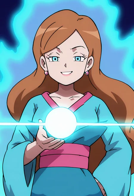 masterpiece, best quality, 1girl, solo, looking at viewer, smile, zzLinnea, blue eyes, brown hair, long hair, earrings, blue kimono, sash, , <lora:LinneaPokemon_IXL_v2:1.0>, ,vivid aura, looking at viewer, blue background, smug, aura, super saiyan, charging energy, energy ball, energy, lightning, <lora:DBSBroly_Style_IXL_v2:0.6>,