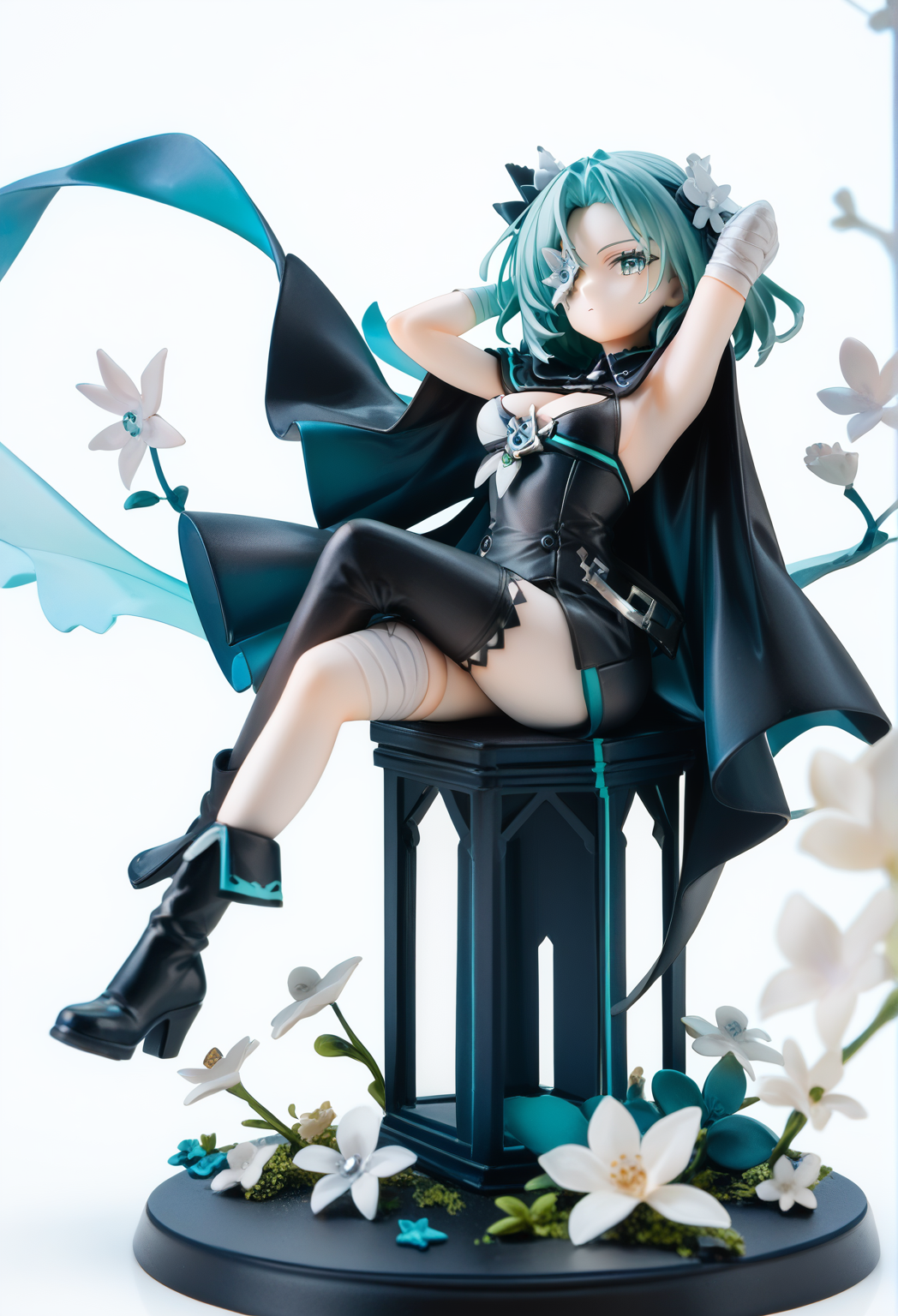 (score_9,score_8_up,score_7_up),source_anime,figure,
1girl,solo,breasts,sitting,flower,gloves,thighhighs,dress,hair ornament,white background,cape,white gloves,black dress,boots,cleavage,white flower,simple background,looking at viewer,black footwear,asymmetrical legwear,elbow gloves,full body,medium breasts,bangs,bandages,thigh boots,green eyes,aqua hair,closed mouth,asymmetrical footwear,black cape,asymmetrical clothes,<lora:saya(arcaea):0.9>,saya(arcaea),flower eyepatch,armpits,arms behind head,crossed legs,