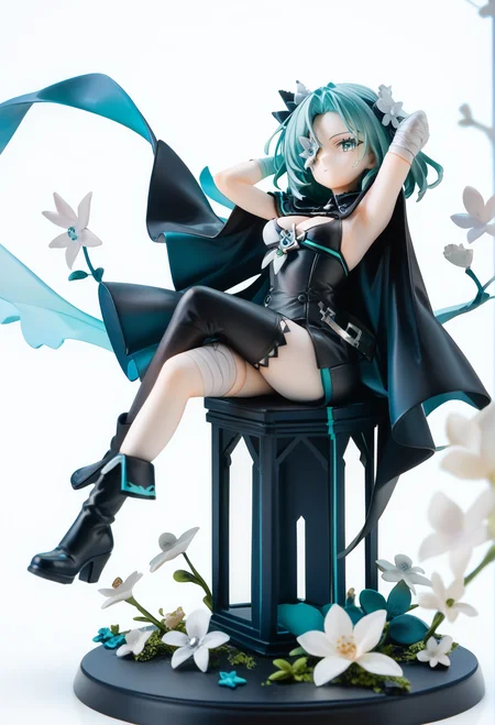 (score_9,score_8_up,score_7_up),source_anime,figure,
1girl,solo,breasts,sitting,flower,gloves,thighhighs,dress,hair ornament,white background,cape,white gloves,black dress,boots,cleavage,white flower,simple background,looking at viewer,black footwear,asymmetrical legwear,elbow gloves,full body,medium breasts,bangs,bandages,thigh boots,green eyes,aqua hair,closed mouth,asymmetrical footwear,black cape,asymmetrical clothes,<lora:saya(arcaea):0.9>,saya(arcaea),flower eyepatch,armpits,arms behind head,crossed legs,
