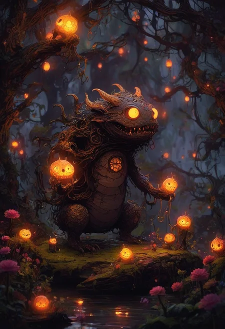 CreepyCuteMagical, A creepy-cute monster with a rounded, pudgy body, glowing golden eyes, and dozens of tiny, wriggling arms instead of legs. It holds a bouquet of flowers, but each flower has a small, blinking eye in the center. The setting is a foggy swamp with gnarled, twisted trees, their branches entwined with fairy lights that give the scene a magical, haunting atmosphere. Inspired by gothic horror and kawaii culture.
