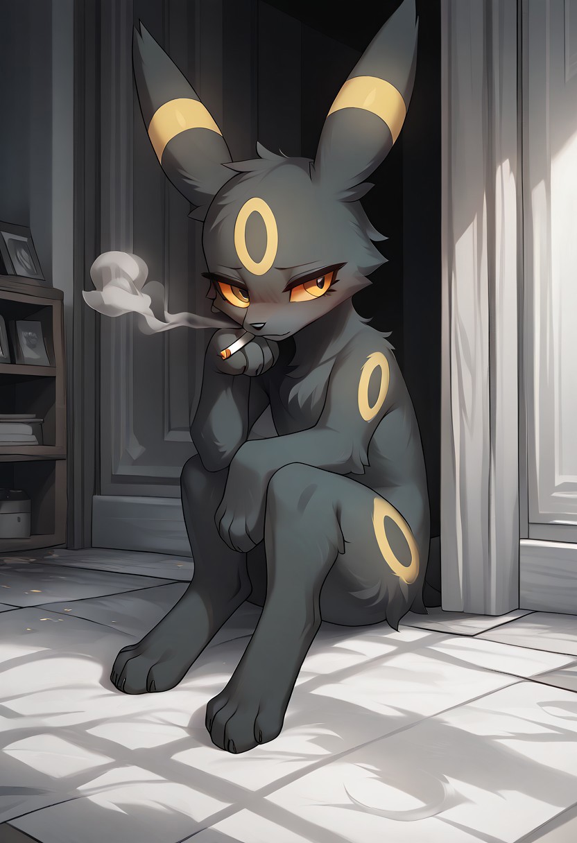 masterpiece, score_9, score_8_up, score_7_up, score_6_up, by zinfyu, moody, introspective, black and white, cinematic, detailed, hyper-detailed, source_furry, female umbreon, eeveelution, black fur, yellow eyes, yellow markings, sitting on a corner, smoking a cigarette, sad and reflective expression, minimalist background, moody atmosphere, black and white color scheme, soft shadows, subtle smoke rising, introspective mood