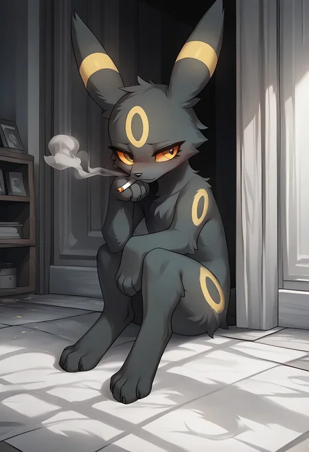 masterpiece, score_9, score_8_up, score_7_up, score_6_up, by zinfyu, moody, introspective, black and white, cinematic, detailed, hyper-detailed, source_furry, female umbreon, eeveelution, black fur, yellow eyes, yellow markings, sitting on a corner, smoking a cigarette, sad and reflective expression, minimalist background, moody atmosphere, black and white color scheme, soft shadows, subtle smoke rising, introspective mood