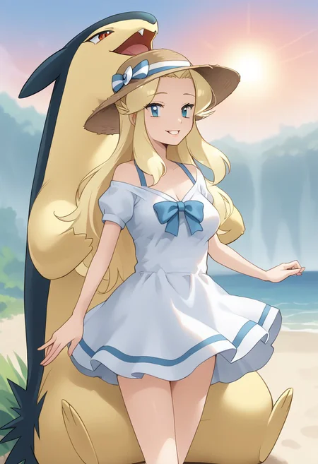 (source_anime, score_9, score_8_up, score_7_up:1), (portrait:1.2), pmandgal, (rating_safe:1.64), 1girl, 1poke, typhlosion, trainerallie, side by side, (large breasts, pink lips:0.75), sun dress, outdoors, beach, looking at viewer, pokemon \(classic anime\), anime screencap