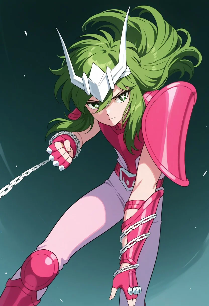 score_9, score_8_up, score_7_up, masterpiece, ANDROMESHUN,ANDRSHUNV2, 1boy, slender figure, pink pauldrons, silver circlet, long wavy green hair, green eyes, pink sleeveless armor, pink vambraces, fingerless pink gloves, pink boots, pink kneepads, white-violet pants, pink belt, chains, action pose, dynamic, (highly detailed:1.2), (intricate:1.2), (best quality:1.2),(8k:1.2), (sharp:1.2), (majestic:1.2), natural lighting, detail++,
