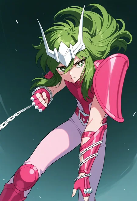 score_9, score_8_up, score_7_up, masterpiece, ANDROMESHUN,ANDRSHUNV2, 1boy, slender figure, pink pauldrons, silver circlet, long wavy green hair, green eyes, pink sleeveless armor, pink vambraces, fingerless pink gloves, pink boots, pink kneepads, white-violet pants, pink belt, chains, action pose, dynamic, (highly detailed:1.2), (intricate:1.2), (best quality:1.2),(8k:1.2), (sharp:1.2), (majestic:1.2), natural lighting, detail++,