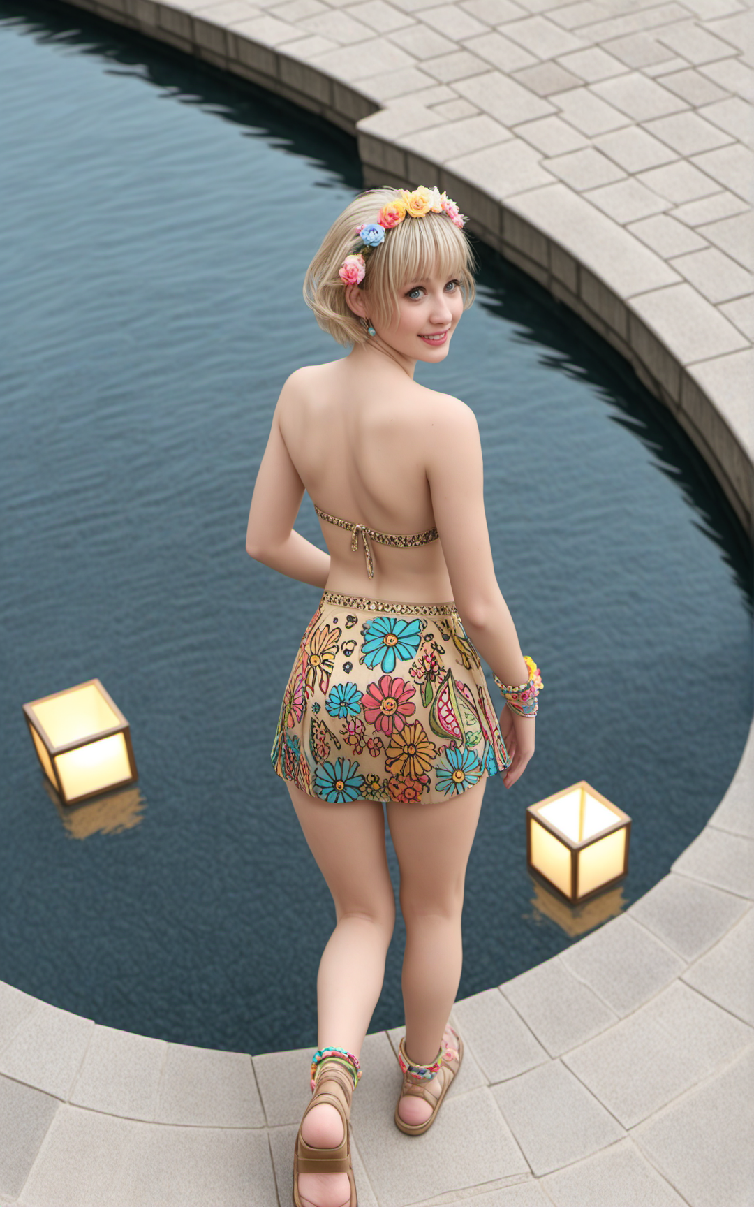 (from_back:1.4),(from behind:1.4),(back view:1.4),(top down view:1.2),(from above:1.3),A 24 year old Girl,1Girl,light Blue eyes,(short Platinum Blonde hair),kinky hairs Curly Pixie  with an undercut style and Dip Dye effect ,,Eager Anticipation expression, Bright eyes, wide smile, leaning forward,Casual chic with warm shades on the eyes and a nude lip for everyday wear,Dressed in  Black and gold highlights Unicorns print Punk Festival Look, a crochet crop top, denim skirt, and gladiator sandals, accessories include a flower crown and layered bracelets,(swimming:1.1),a colorful Indian rooftop terrace with intricate textiles, lanterns, and a small spice garden, ideal for lively celebrations,<lora:Skin Color_alpha1.0_rank4_noxattn_250steps:-2.5>,