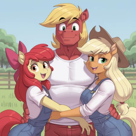 masterpiece, best quality, amazing quality,ByK3vSan,1boy, 2girls,furry,pony,upper body, hug, side-by-side,clothed, Big Macintosh,tall male,red skin,apple bloom,yellow skin,applejack,tall female, orange skin, hat,happy,shirt,overalls,,size difference, family photo,looking at viewer,white shirt