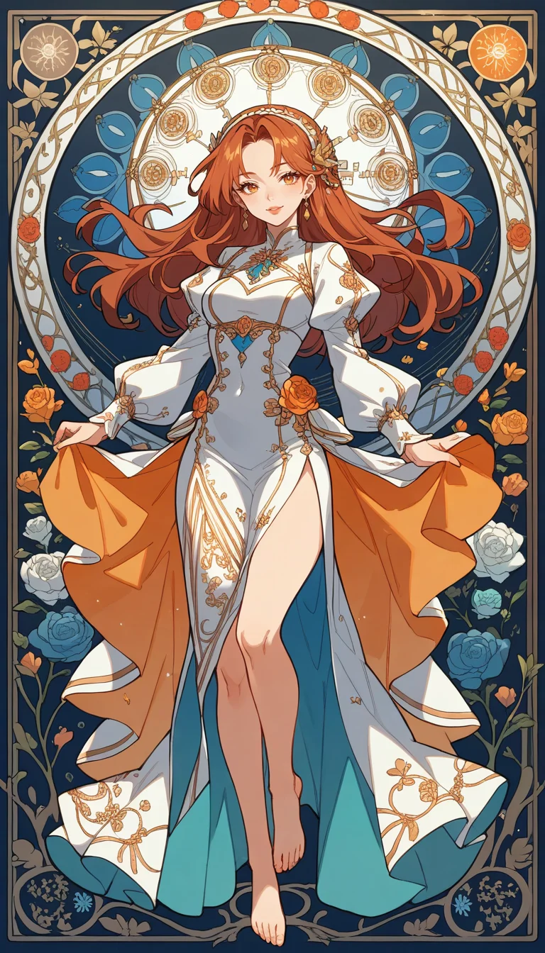 score_9, score_8_up, score_7_up, Anime Style, Full Body Shot, girl, cute, seductive, innocent, light smile:0.3, plump lips, slender body, barefoot, with long brown hair and red hair, in the style of dark sky-blue and light orange, intricate costumes, light gold and white, harmonious color palette, vibrant, art nouveau, depth of field, dynamic angle, fashion photography, sharp, hyperdetailed:1.15