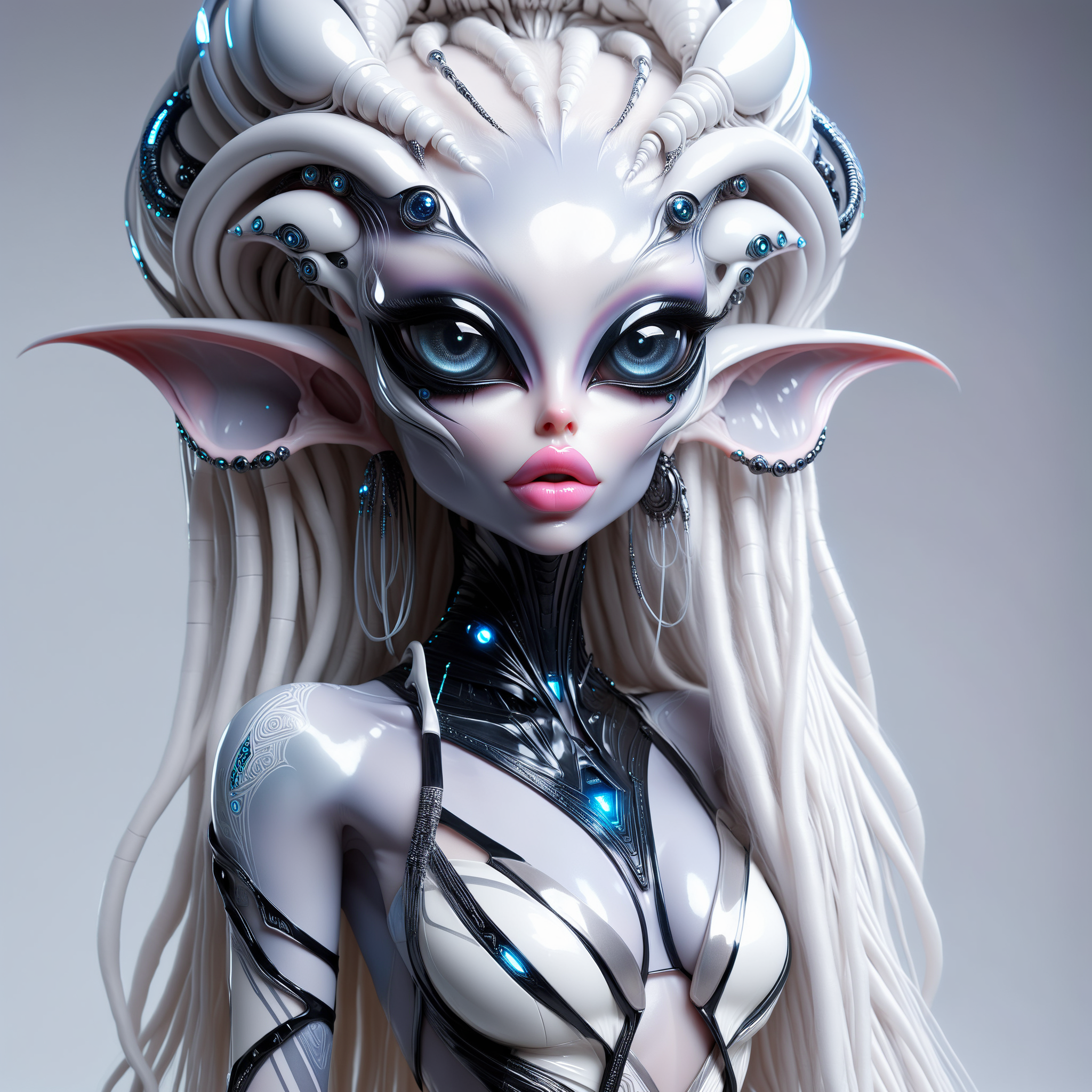 <lora:AlinaXL:0.6> <lora:DalleAlien:0.8>     beautiful alien elf girl with big detailed eyes  and huge lips ,  white and black alien in the style of futuristic glamour, white and light grey background fairycore, amazing movie cinematic, translucid body, like a real photoshoot, amazing light, sergey musin, shallow depth of field, fantasy, realistic figures, detailed perfection, glittering skin, very detailed alien skin, masterpiece, great photography shot, beautiful palette of colours ,8k, extreme detailed , colorful , highest detailed