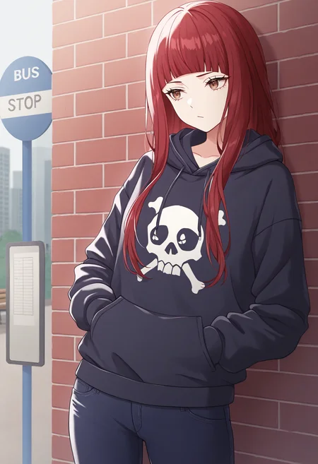 1girl, against wall, leaning to the side, :/, hands in pockets, <lora:SahoriSMT-illu:1> sahori, red hair, long hair, blunt bangs, brown eyes, eyelashes, hoodie, skull print, jeans, city, bus stop, brick wall, bench, masterpiece, best quality, good quality, newest
