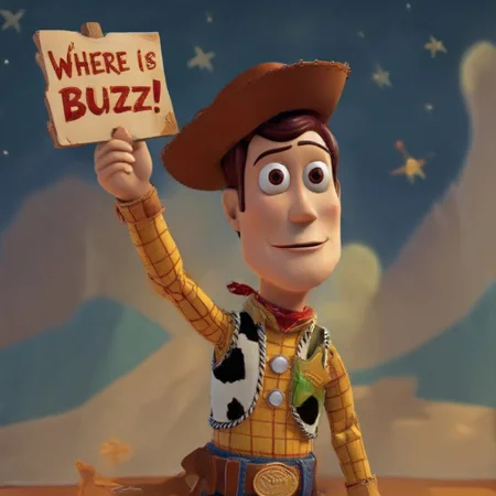 Woody holding a sign with text "where is buzz?" <lora:buzz-text:1>
Buzz lightyear flying in background