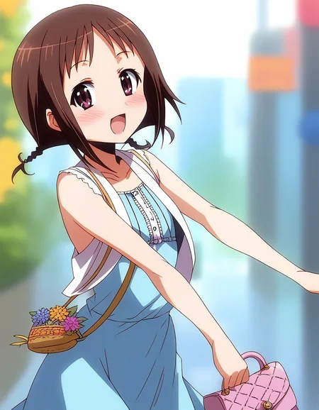 score_9, score_8_up, score_7_up, source_anime, rating_explicit, BREAK <lora:Wakana_Misato_XL:1> Wakana_Misato, brown hair, short hair, twin braids, purple eyes, brown eyes,
solo, dress, blush, bag, handbag, open mouth, :o, looking at viewer, casual, blue dress, flower