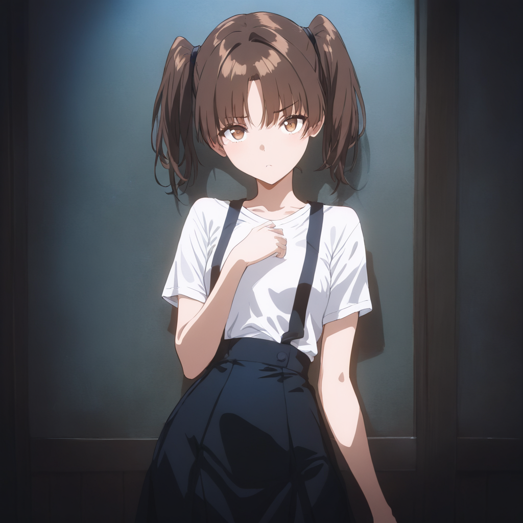 solo,cowboy_shot,looking at viewer,masterpiece,high score,great score,absurdres,<lora:Rei_Kawarazaki ag4o:1> rei_kawarazaki, brown hair, twintails, brown eyes,white shirt,black suspender_skirt,