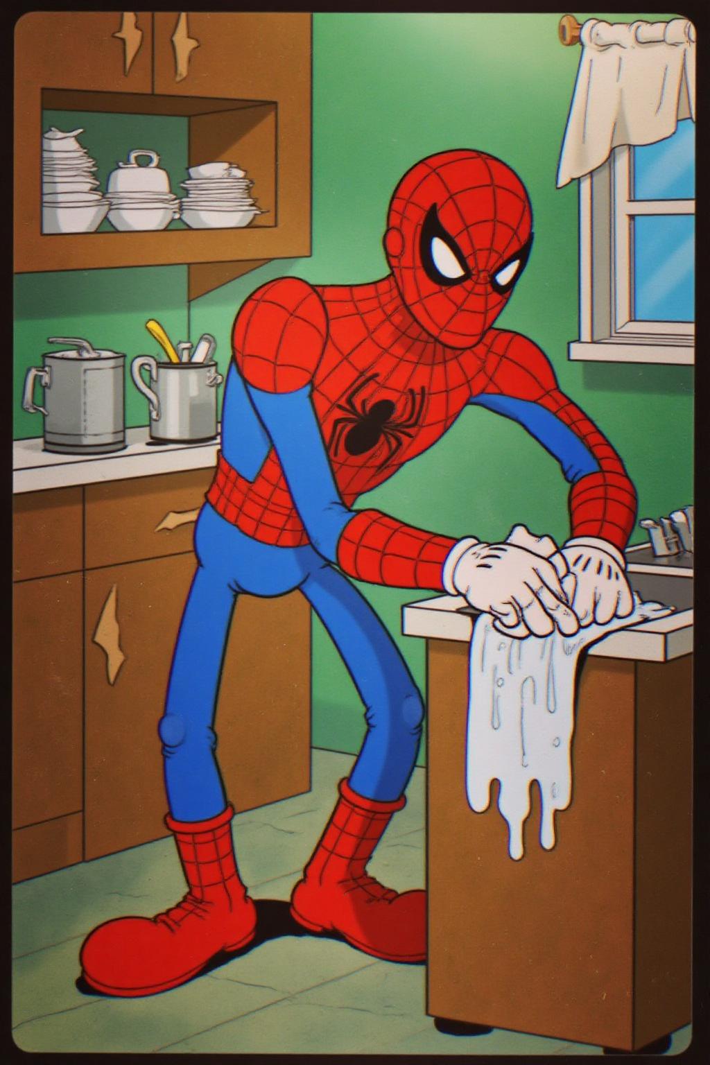 rubber hose animation style.
Spiderman washing dishes in the kitchen <lora:rubberhose1_cap_d8a4:1.0><lora:844410013993758113:0>