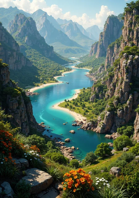 A sweeping aerial panorama: rugged mountain ranges, dense emerald forests, sun-kissed coastal shores, arid dune deserts, serene valley vistas. Delicate close-up of dew-laden flower petals, textured ancient bark, shimmering water ripples. Eye-level perspective featuring lush meadows, vibrant stone textures, and soft golden light. Low-angle viewpoint highlighting towering cliffs, weathered rock formations, cascading natural water features. Hyper-detailed 8k masterpiece quality, intricate natural gradients, rich earthy hues, vivid blues, warm terracotta, ethereal radiance, and sublime atmospheric depth. Dynamic spatial composition, captivating textures, and refined environmental ambiance. <lora:MysticFantasy:0.4> <lora:Dark_Gothic_Comic_style_v.2:0.2> <lora:flux_dev:1>