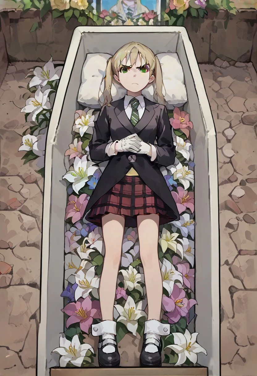 score_9, score_8_up, score_7_up, dutch_angle,pillow, soil,pit,full_body,lily_in_coffin,own _hands_clasped,longcoffin,1girl,lying,lily_in_coffin,deceased_portrait_in_coffin, looking at viewer, frown, angry, holding sword, (maka albarn, green eyes, blonde hair, twintails), green necktie, striped necktie, black coat, long coat, red skirt, plaid skirt, buttons, cuffs, white gloves,