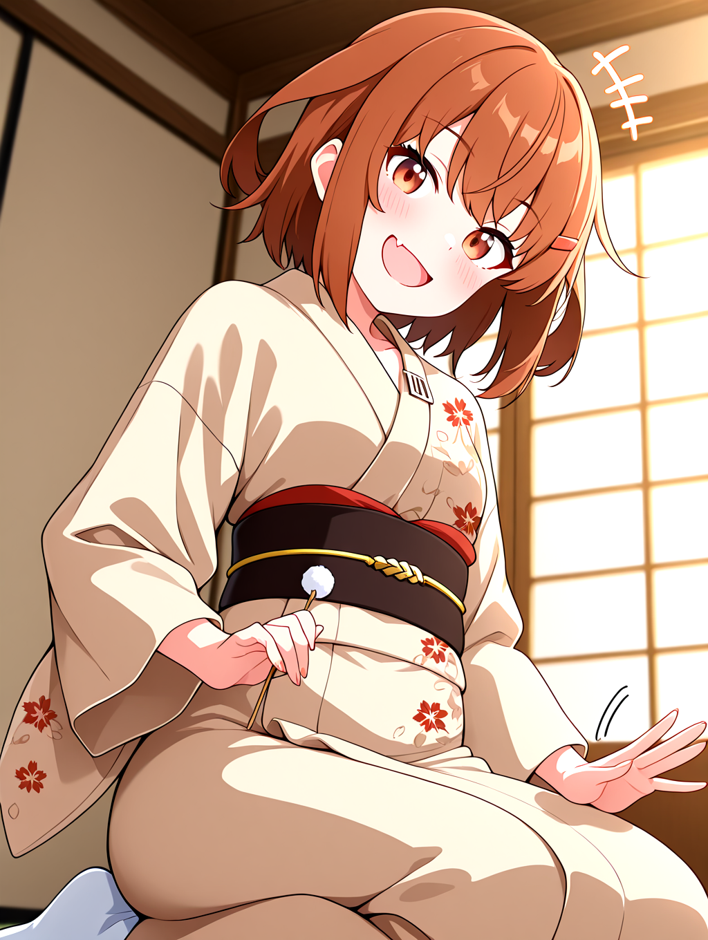 <lora:ikatuchi-yukata-outfit-000009:1>,ikatsuchi-wafuku,maple leaf floral print yukata,decorate black obi,iii iron symbol,short hair,brown japanese clothes,solo,brown hair,1girl,hairclip,hair ornament,fang,wide sleeves,brown eyes,skin fang,alternate costume,tabi,
<lora:Lap_Pillow_Invitation_IL:1>,holding mimikaki,(lap pillow invitation:1.2),motion lines,
faceless male side lying on her leg,
looking at viewer,blush,+++,open mouth,fang,strong smile,head tilt,doyagao,
window,sunlight,japanese-style room,paper doors,
masterpiece,best quality,newest,absurdres,highres,detailed eyes,beautiful,detailed background,perfect eyes,anime coloring,anime screencap,
<lora:add-detail-xl:1>,<lora:ponyv4_noob1_2_adamW-000017:0.8>,wear clothes,