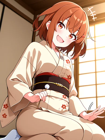 <lora:ikatuchi-yukata-outfit-000009:1>,ikatsuchi-wafuku,maple leaf floral print yukata,decorate black obi,iii iron symbol,short hair,brown japanese clothes,solo,brown hair,1girl,hairclip,hair ornament,fang,wide sleeves,brown eyes,skin fang,alternate costume,tabi,
<lora:Lap_Pillow_Invitation_IL:1>,holding mimikaki,(lap pillow invitation:1.2),motion lines,
faceless male side lying on her leg,
looking at viewer,blush,+++,open mouth,fang,strong smile,head tilt,doyagao,
window,sunlight,japanese-style room,paper doors,
masterpiece,best quality,newest,absurdres,highres,detailed eyes,beautiful,detailed background,perfect eyes,anime coloring,anime screencap,
<lora:add-detail-xl:1>,<lora:ponyv4_noob1_2_adamW-000017:0.8>,wear clothes,