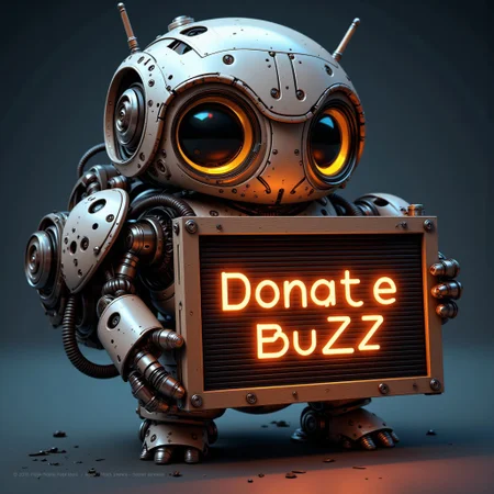 mythp0rt, cute semihuman robo, holding a machinal signboard glowing letters  saying "Support Us Donate Buzz"