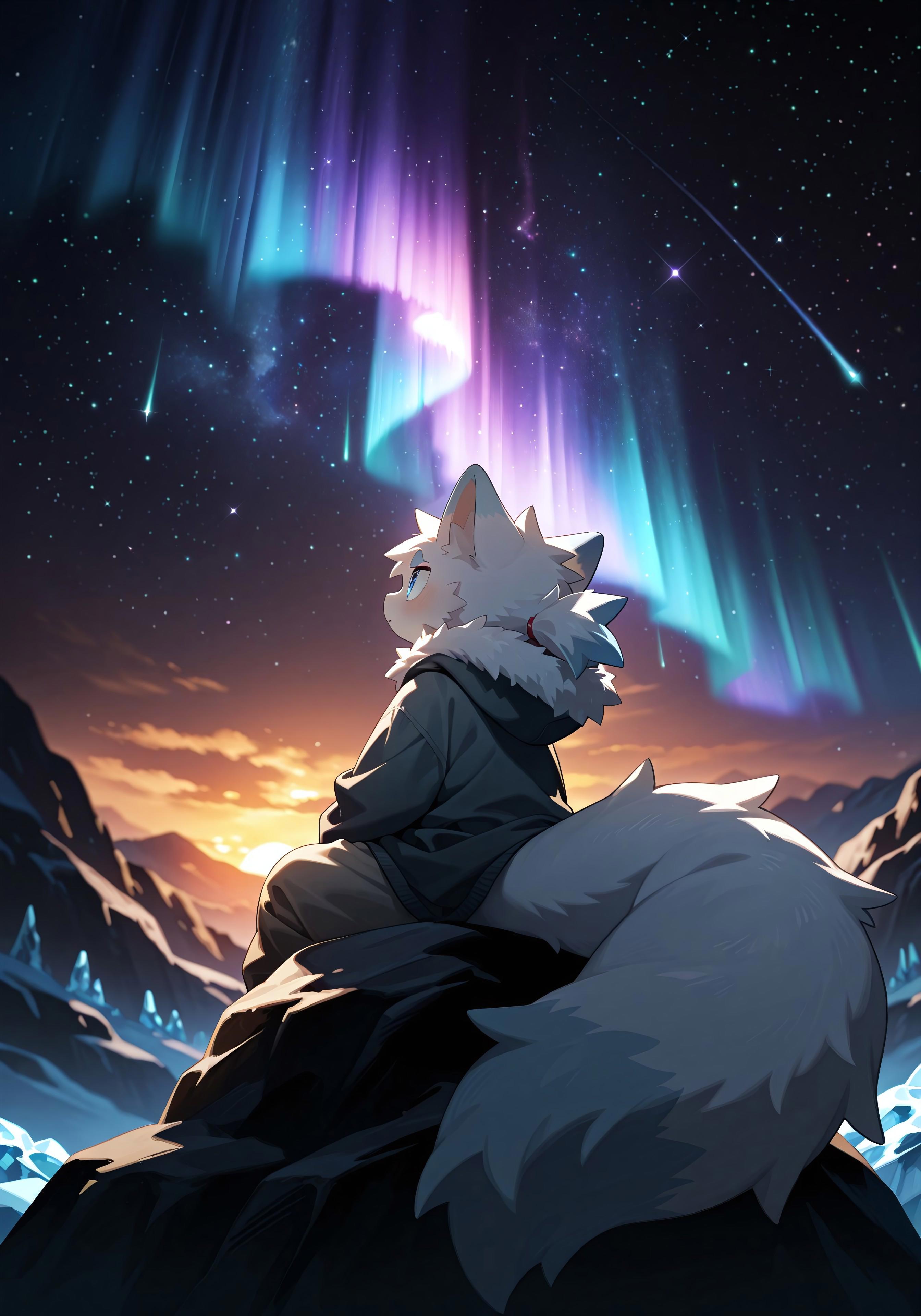 best quality, newest, masterpiece, absurdres, highres, male furry, premium, detail background, slim, cute, depth of field, 8K, best quality, good quality, young, long tail, solo, Fukakusa, furry, 1boy, male focus, blue eyes,starry night background,nebula,aurora,outdoors,dark background,Sitting look up, clear river,ice cave,sunset, from below,three quarters view, fur hood, hood down, thick coat, thick pants