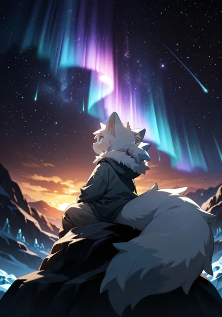 best quality, newest, masterpiece, absurdres, highres, male furry, premium, detail background, slim, cute, depth of field, 8K, best quality, good quality, young, long tail, solo, Fukakusa, furry, 1boy, male focus, blue eyes,starry night background,nebula,aurora,outdoors,dark background,Sitting look up, clear river,ice cave,sunset, from below,three quarters view, fur hood, hood down, thick coat, thick pants