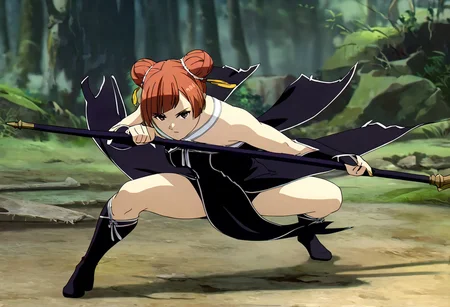 masterpiece,best quality,good quality,newest,
outdoors,detailed background,
looking at viewer,
solo,
Laufen,1girl,brown hair,short hair,double bun,brown eyes,yellow hairornament,
black dress,bare shoulders,
gloves,
pelvic curtain,
boots,
fighting_stance,holding polearm,one knee,spread legs,