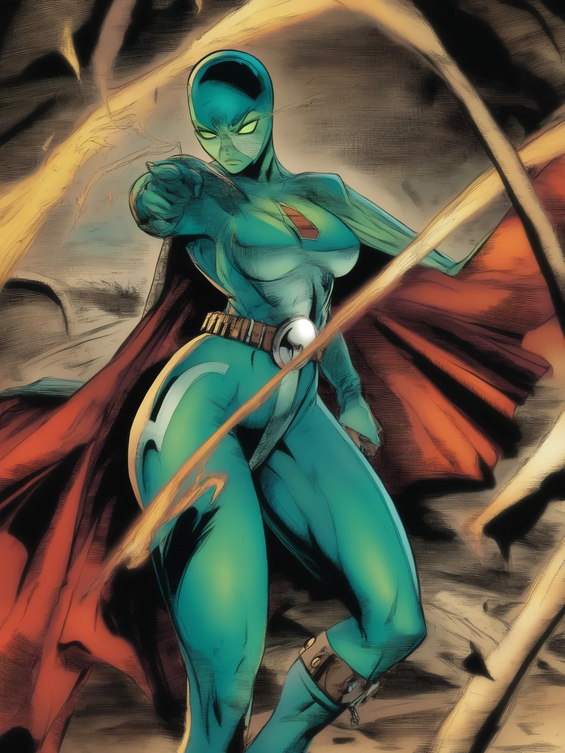 masterpiece, best quality, best score, absurdres, best anatomy, 
 <lora:[Todd McFarlane (associated Artists of Image Comics)] Spawn Art Style Issues 1-10 IllustriousXL:.7>,western comics (style), 1girl, superhero,