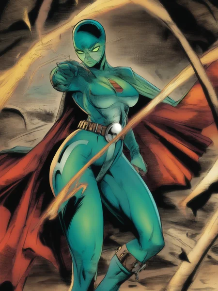 masterpiece, best quality, best score, absurdres, best anatomy, 
 <lora:[Todd McFarlane (associated Artists of Image Comics)] Spawn Art Style Issues 1-10 IllustriousXL:.7>,western comics (style), 1girl, superhero,