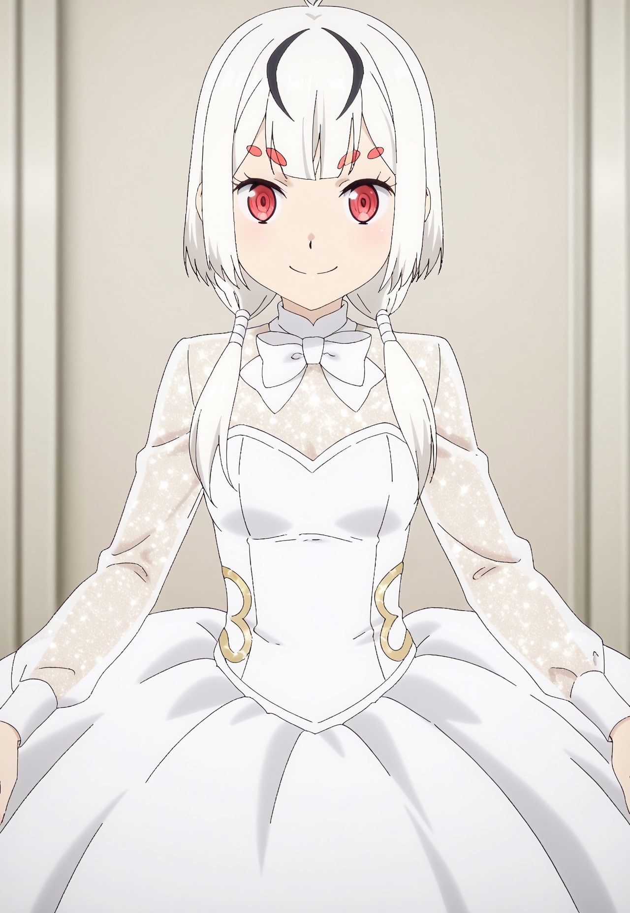 Smooth Quality, highres, hi res, best quality, masterpiece, intricate details, absurdres, 8k, (official art, anime screencap:1.1), glitter, depth of field, pinup, Glamor,
BREAK
BREAK
1girl, red eyes, white hair, strands of black hair,  twintails,
BREAK
white dress, bowtie,long sleeves, 
smile