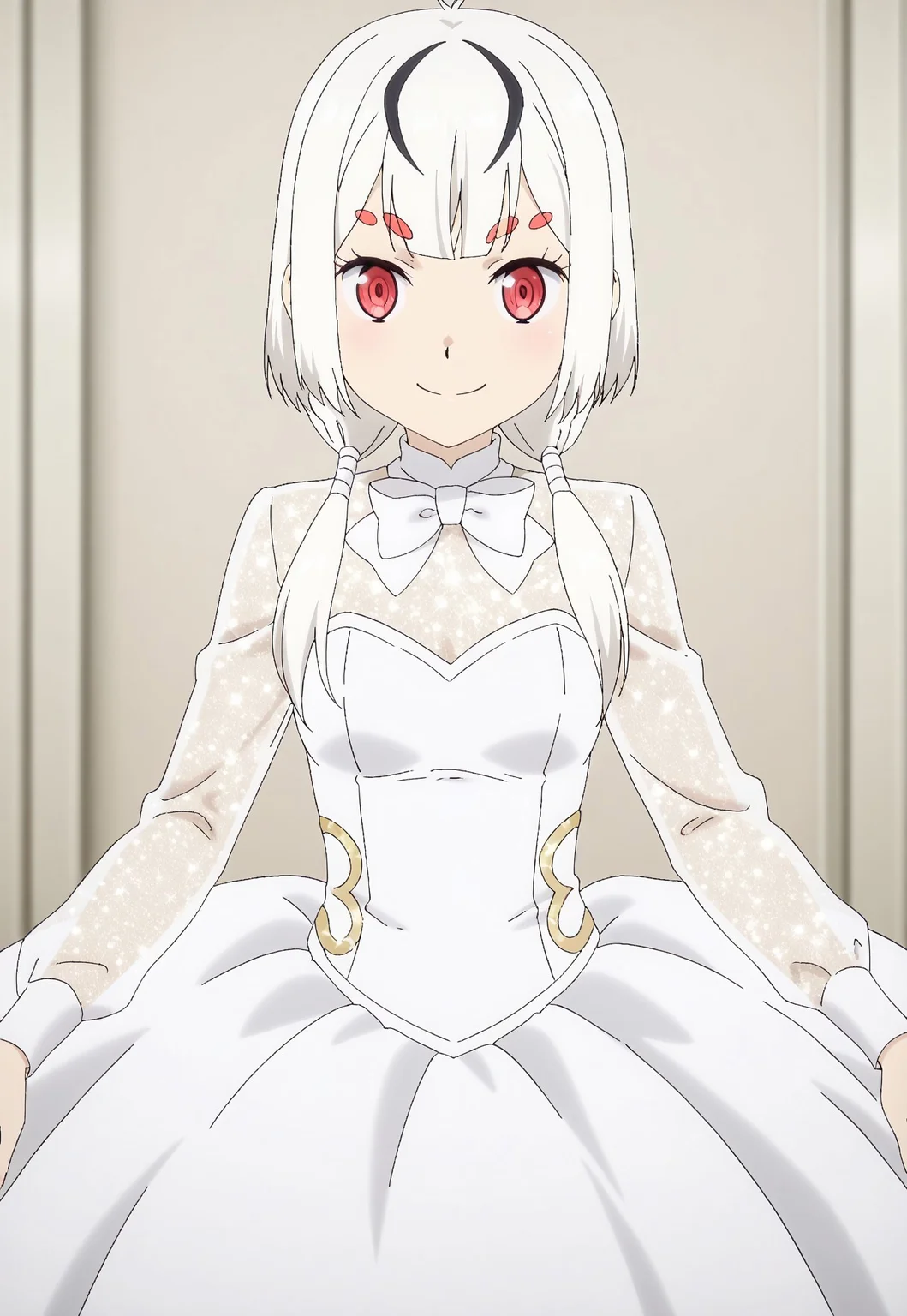 Smooth Quality, highres, hi res, best quality, masterpiece, intricate details, absurdres, 8k, (official art, anime screencap:1.1), glitter, depth of field, pinup, Glamor,
BREAK
BREAK
1girl, red eyes, white hair, strands of black hair, twintails,
BREAK
white dress, bowtie,long sleeves,
smile