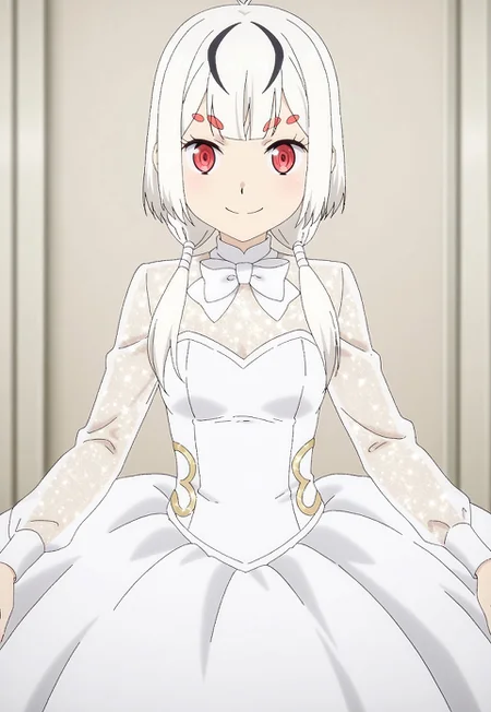 Smooth Quality, highres, hi res, best quality, masterpiece, intricate details, absurdres, 8k, (official art, anime screencap:1.1), glitter, depth of field, pinup, Glamor,
BREAK
BREAK
1girl, red eyes, white hair, strands of black hair, twintails,
BREAK
white dress, bowtie,long sleeves,
smile