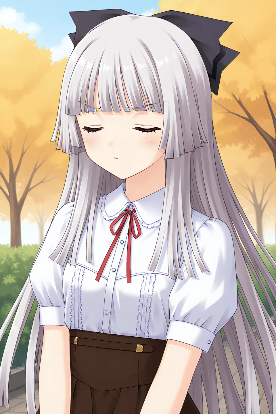 masterpiece, best quality, absurdres, official art, official style, rating general BREAK <lora:rokujoumiyaho_IL_v1:0.7>, rokujou miyaho, 1girl, solo, blue eyes, grey hair, very long hair, blunt bangs, hime cut, straight hair, blunt ends, sidelocks, hair bow, black bow, small breasts,
casual, dress shirt, blouse, red ribbon, neck ribbon, white shirt, wing collar, collared shirt, frilled shirt, frilled shirt collar, center frills, buttons, puffy short sleeves, frilled sleeves, brown skirt, close-up, portrait, outdoors, high-waist skirt,
angry, :, closed eyes, closed mouth, eyelashes, facing viewer, pout, v-shaped eyebrows