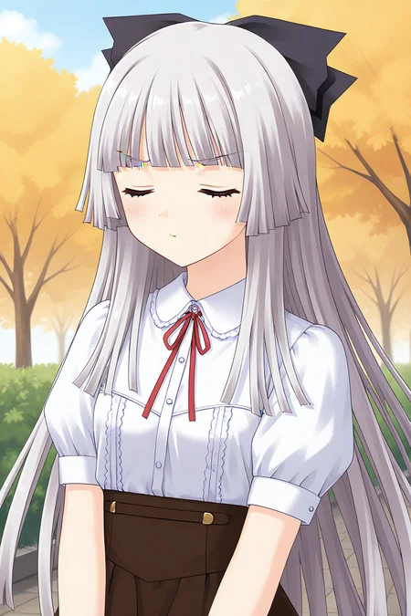 masterpiece, best quality, absurdres, official art, official style, rating general BREAK <lora:rokujoumiyaho_IL_v1:0.7>, rokujou miyaho, 1girl, solo, blue eyes, grey hair, very long hair, blunt bangs, hime cut, straight hair, blunt ends, sidelocks, hair bow, black bow, small breasts,
casual, dress shirt, blouse, red ribbon, neck ribbon, white shirt, wing collar, collared shirt, frilled shirt, frilled shirt collar, center frills, buttons, puffy short sleeves, frilled sleeves, brown skirt, close-up, portrait, outdoors, high-waist skirt,
angry, :, closed eyes, closed mouth, eyelashes, facing viewer, pout, v-shaped eyebrows