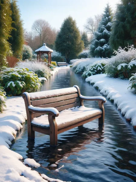 ais-fld a snow-covered bench in a quiet winter garden <lora:Flooded_SDXL:1>